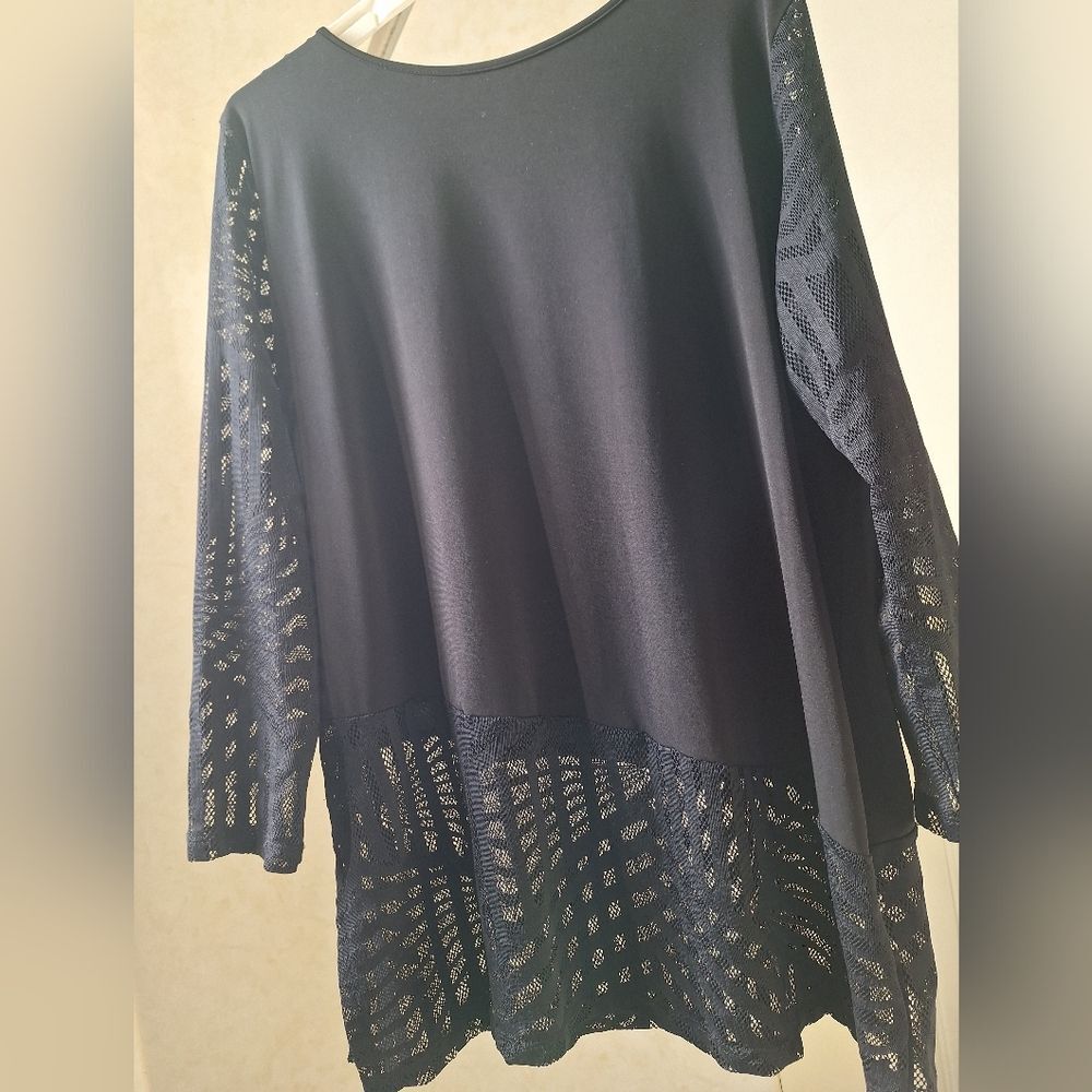 Black Long Sleeve Top, Tunic Lace Sleeves & Hem